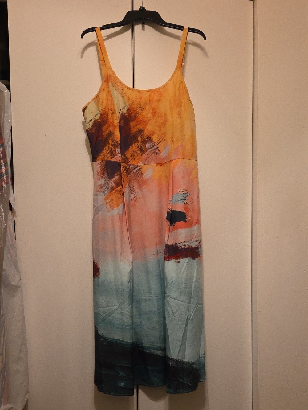 BloomChic Sunset Coral Aqua Abstract Maxi Dress